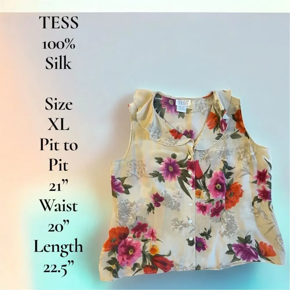 Tess Women's Vintage 90’s Floral 100% Silk Sleeveless Button Blouse Ruffle